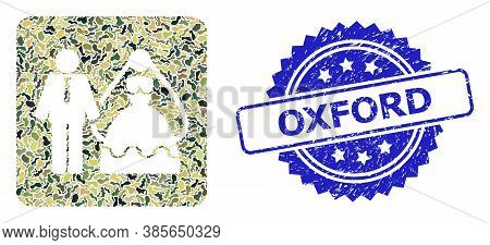 Military Camouflage Collage Of Bride And Groom, And Oxford Grunge Rosette Stamp Seal. Blue Stamp Inc