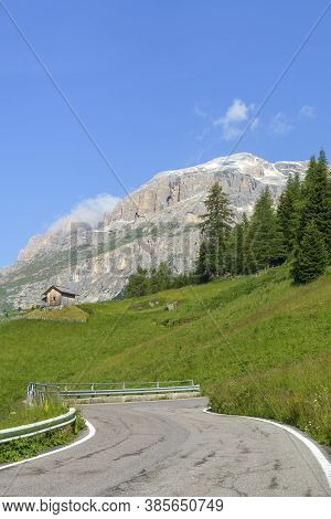 Mountain Landscape At Summer Along The Road To Campolongo Pass, Dolomites, Belluno Province, Veneto,