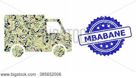 Military Camouflage Collage Of Van Car, And Mbabane Grunge Rosette Stamp Seal. Blue Stamp Has Mbaban
