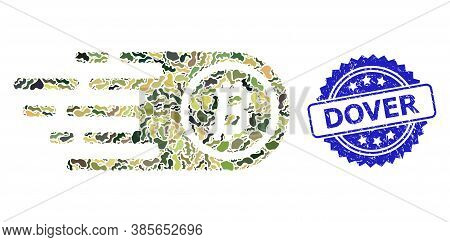 Military Camouflage Composition Of Bitcoin, And Dover Grunge Rosette Stamp Seal. Blue Stamp Seal Has