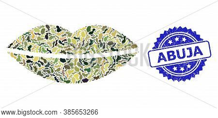 Military Camouflage Combination Of Smile Lips, And Abuja Dirty Rosette Stamp Seal. Blue Stamp Seal I
