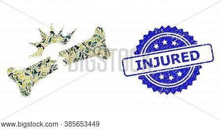 Military Camouflage Collage Of Bone Fracture, And Injured Scratched Rosette Seal Imitation. Blue Sea