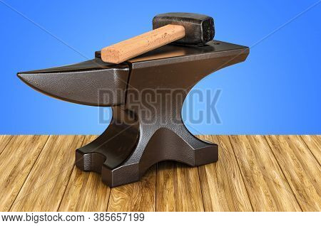 Anvil And Hammer On The Wooden Table. 3d Rendering