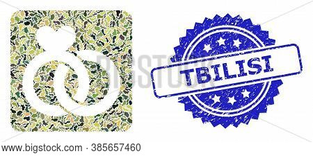 Military Camouflage Composition Of Wedding Rings, And Tbilisi Dirty Rosette Stamp Seal. Blue Stamp S