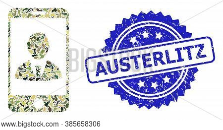 Military Camouflage Composition Of Mobile User Profile, And Austerlitz Grunge Rosette Stamp. Blue St