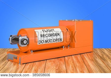 Flight Data Recorder, Black Box On The Wooden Table. 3d Rendering