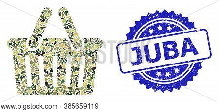 Military Camouflage Collage Of Shopping Basket, And Juba Textured Rosette Stamp Seal. Blue Seal Incl
