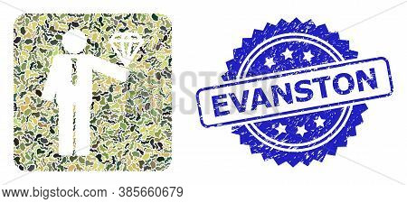 Military Camouflage Collage Of Groom Diamond, And Evanston Scratched Rosette Seal Print. Blue Stamp 