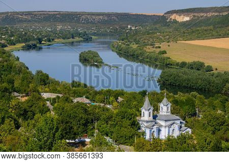 Panoramic view from the top hill to Socola village and Dniester river, Soldanesti district, Moldova