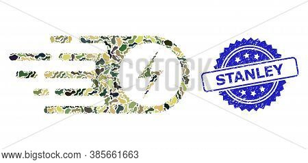 Military Camouflage Composition Of Electrical Strike, And Stanley Dirty Rosette Seal Imitation. Blue