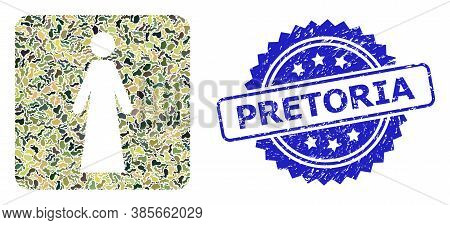 Military Camouflage Collage Of Woman, And Pretoria Rubber Rosette Stamp Seal. Blue Stamp Seal Includ