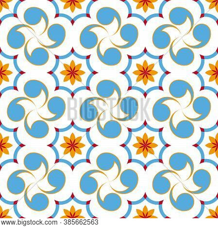 Seamless Vector Pattern With Basque Cross Lauburu. Spanish Style Digital Tapestry, Textile Print.