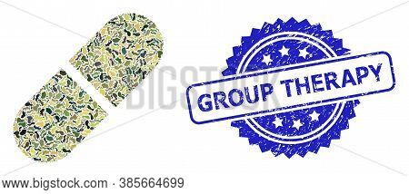Military Camouflage Combination Of Medication Pill, And Group Therapy Grunge Rosette Seal Imitation.