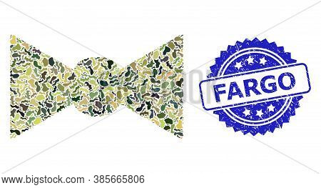 Military Camouflage Composition Of Bow Tie, And Fargo Grunge Rosette Seal. Blue Stamp Seal Contains 