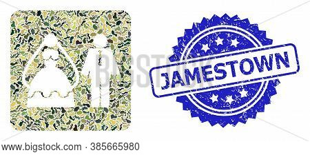 Military Camouflage Collage Of Marriage Persons, And Jamestown Rubber Rosette Seal Imitation. Blue S