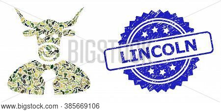 Military Camouflage Composition Of Bull Boss, And Lincoln Scratched Rosette Seal Print. Blue Seal In