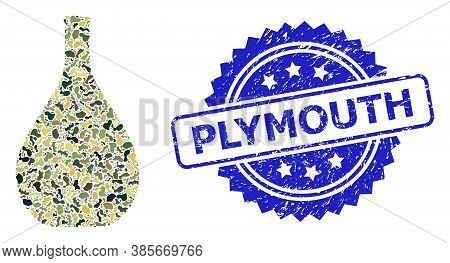 Military Camouflage Composition Of Glass Jug, And Plymouth Grunge Rosette Stamp Seal. Blue Stamp Sea