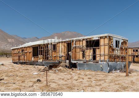 Abandoned House Camper Trailer In The Middle Of The Desert In Californias Mojave Desert, Near Ridgec