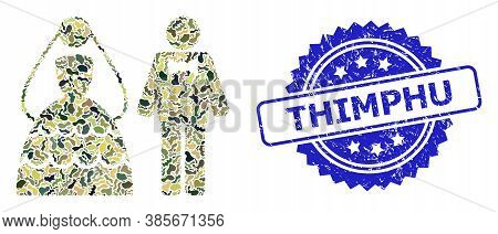 Military Camouflage Composition Of Wedding Couple, And Thimphu Corroded Rosette Seal Imitation. Blue