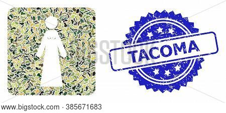 Military Camouflage Collage Of Bride, And Tacoma Textured Rosette Stamp Seal. Blue Stamp Seal Includ