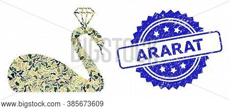 Military Camouflage Combination Of Crowned Swan, And Ararat Dirty Rosette Seal. Blue Stamp Seal Cont