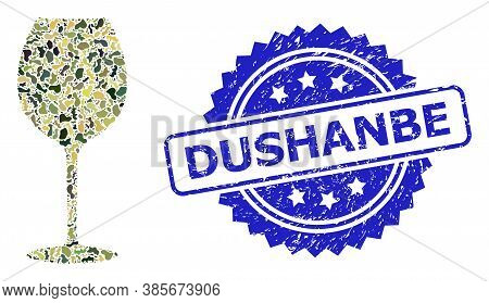 Military Camouflage Collage Of Wine Glass, And Dushanbe Grunge Rosette Stamp. Blue Stamp Includes Du