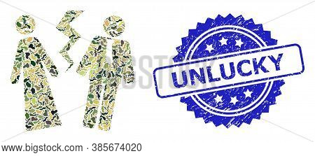 Military Camouflage Combination Of Broken Wedding, And Unlucky Corroded Rosette Stamp Seal. Blue Sea
