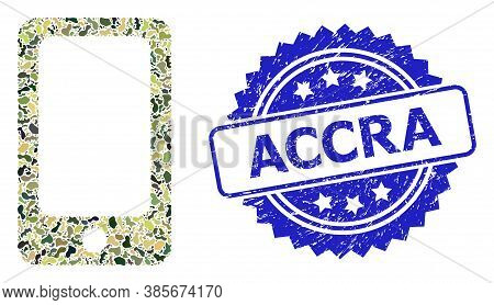 Military Camouflage Composition Of Smartphone, And Accra Scratched Rosette Stamp Seal. Blue Stamp Se