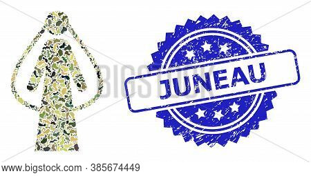 Military Camouflage Composition Of Bride, And Juneau Scratched Rosette Seal Imitation. Blue Stamp In