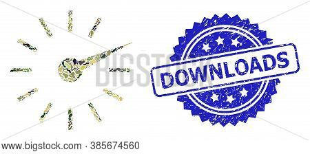 Military Camouflage Collage Of Clockface, And Downloads Scratched Rosette Stamp Seal. Blue Stamp Sea