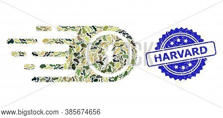 Military Camouflage Collage Of Electrical Rush, And Harvard Dirty Rosette Stamp Seal. Blue Stamp Sea