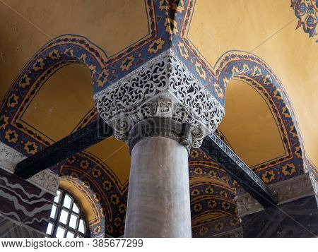Istanbul, Turkey - May, 23, 2019: An Ornate Capital On A Cloumn Inside Hagia Sophia Mosque In Istanb