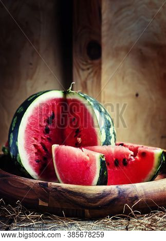Chunks Of Of Watermelon, Rustic Style, Old Wooden Background, Selective Focus