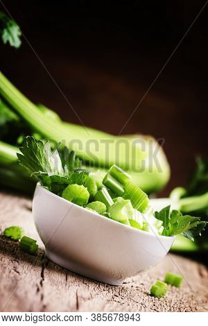 Pieces Of Fresh Celery, Vintage Wooden Background Selective Focus