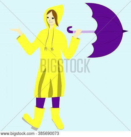 Girl In A Yellow Raincoat Goes Under An Umbrella