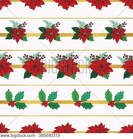 Seamless Christmas Pattern With Red Poinsettia, Holly, Mistletoe And Berries On The Gold Stripe Back