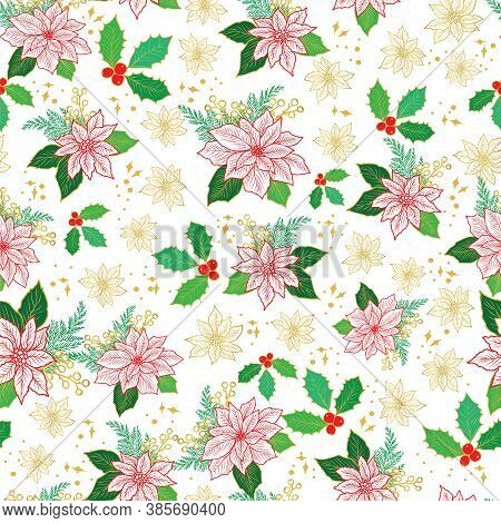 Seamless Christmas Pattern With Red, Gold Poinsettia, Holly, Mistletoe And Berries On White Backgrou
