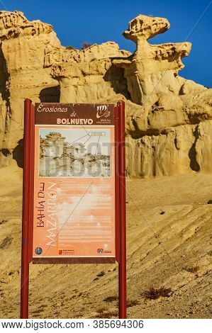 Bolnuevo, Spain - March 15, 2019: The Enchanted City Of Bolnuevo, Eroded Yellow Sandstone Formations