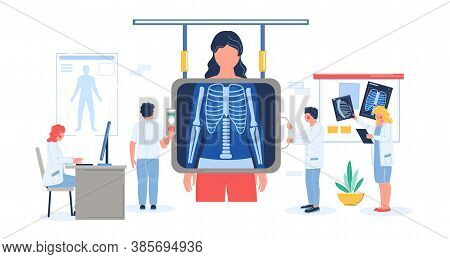 Fluorography Exam Or Chest Xray Screening Of Patient Female In Hospital, Flat Vector Illustration.