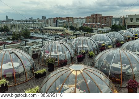 Igloo Rooftop Bar In The City. Romantic Restaurant In The Evening. Moscow, Russia, 09/13/2020.