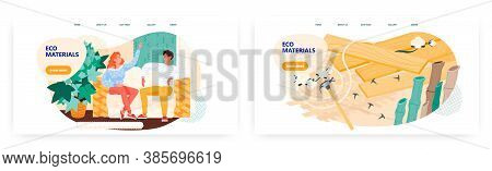 Couple Sit On Sofa In Modern Design Eco Friendly Interior. Home Eco Materials Concept Illustration. 
