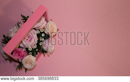 Postcard Template, Copy Speys- Pink Roses In A Basket On A Pink Background
