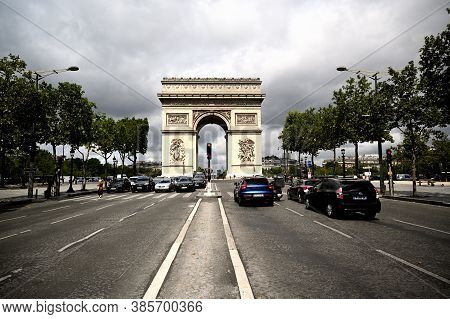Paris, France - July 03 2020 : Arc De Triomphe Paris - View From Champs Elysees