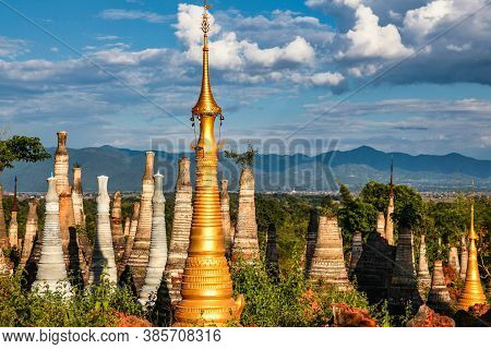 Ruins Of Ancient Stupas Of Shwe Indein Pagoda Over Blue Sky. Indein Village, Inle Lake, Shan State, 