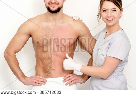 Young Caucasian Man With Bare Chested Before And After Waxing His Hair With Thumb Up Of Hand Of Beau