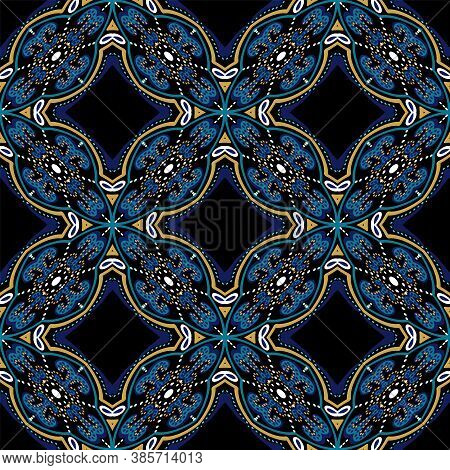 Indigo Geometry Victorian Ornament Vector Seamless Pattern. Modern Moroccan Background. Turquoise An