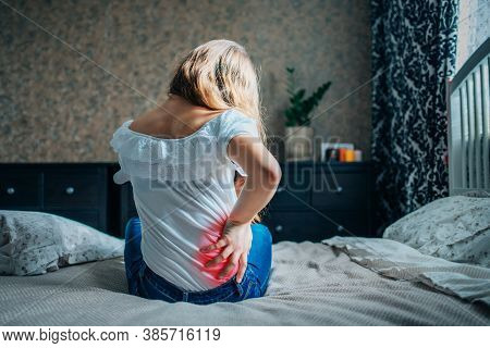 A Poor Girl Suffering From The Pain, Injury Area Marked In Red