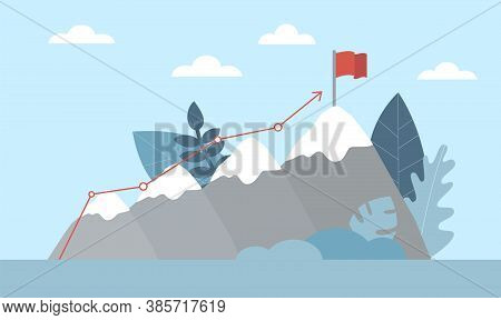 Reach A Goal, Get On Top, Challenge Concept. Combining The Mountain Climbing Route To Peak And Arrow