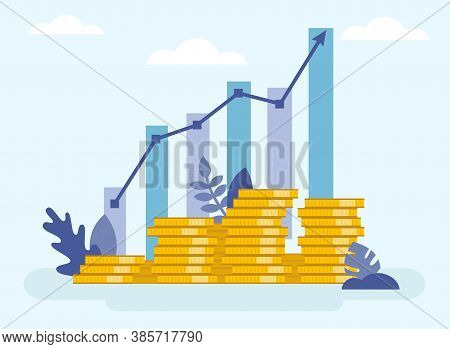 Concept Of Financial Business Plan, Revenue Growth Infographic. Increasing Stacks Of Money With Arro