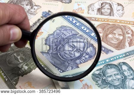 Eritrean Money In A Magnifying Glass A Business Background
